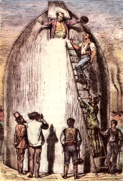 A well-dressed crowd gathers around a large silver bullet-shaped rocket, with people ascending a ladder on the outside towards an entrance at the top.