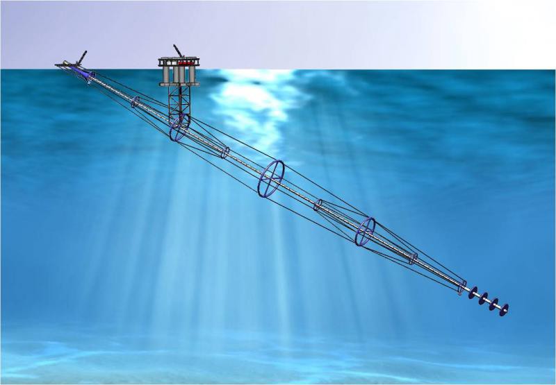 A CGI render of a wireframe holding a gun barrel, floating just below the surface of the sea, angled upwards so the mouth of the barrel is just above the surface.
