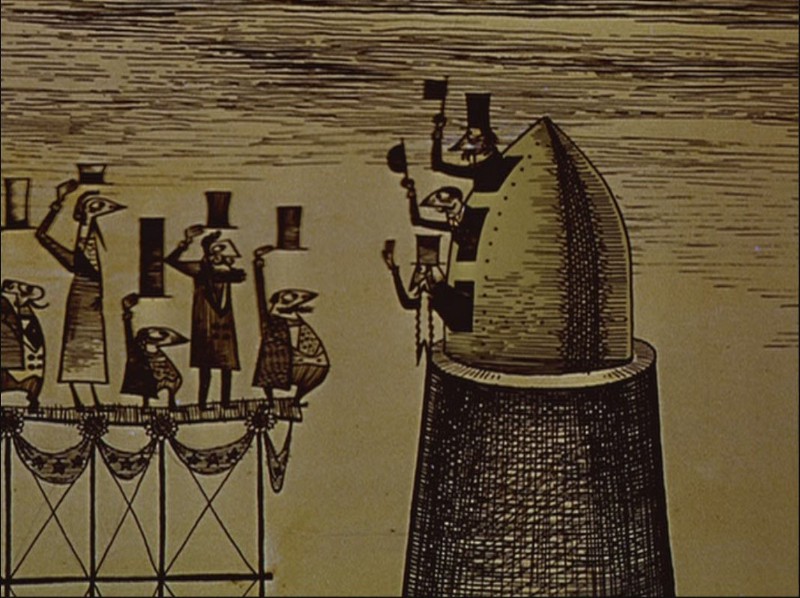 A still from a cartoon adaptation of Jules Verne's Journey to the Moon, with men in top hats boarding a rocket.