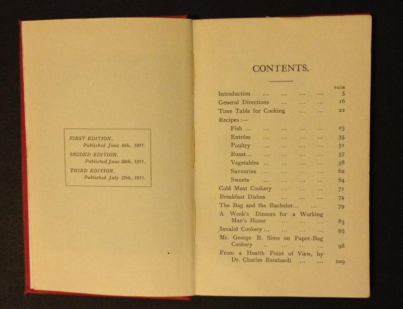 The contents page to Paper-Bag Cookery, including chapters for fish, entrees, poultry, roast, vegetables, savouries, and sweets.