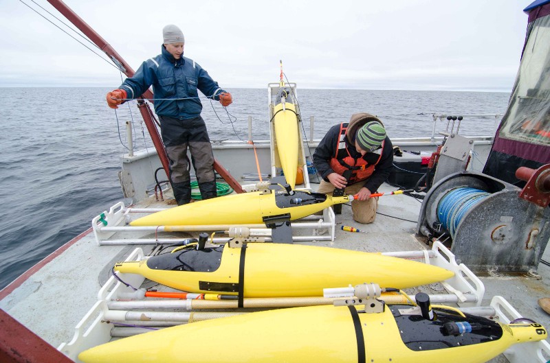 Two men on a boat inspect the autonomous yellow Seaglider underwater drones.