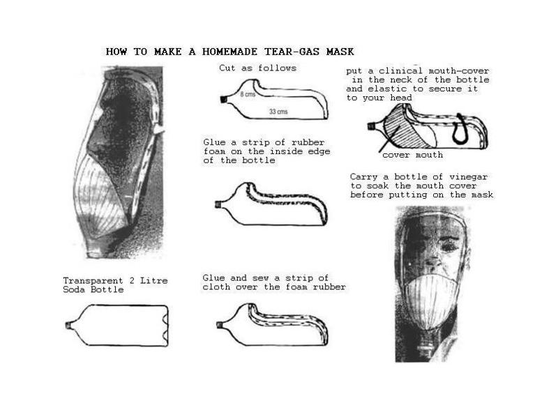 Step-by-step instructions on how to make a gas mask out of a soda bottle, elastic bands, white vinegar, and foam rubber.