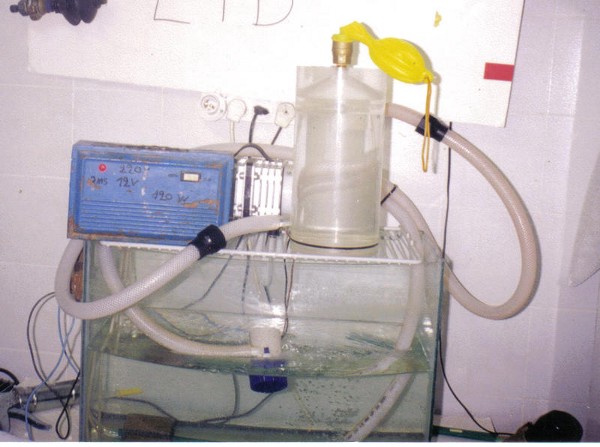 A pump and tubing system connected to a water tank.