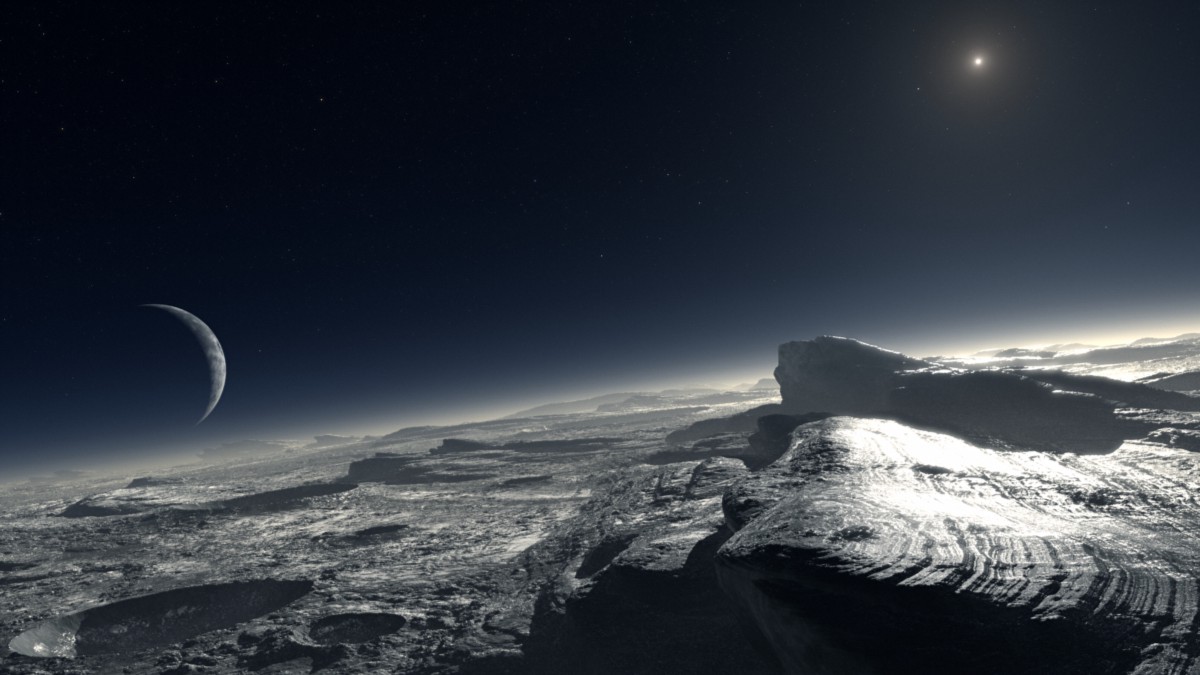 A CGI render of the surface of Pluto. It is cold and white-to-grey, with a haze over the horizon. In the distance is Neptune; even further is the small dot of the Sun.