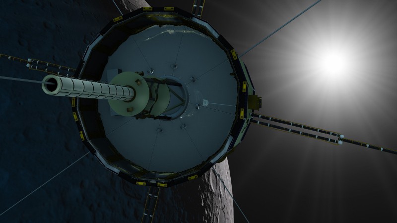 A CGI render of the ISEE-3 satellite in space. It looks like a big drum, with many thin antennae protruding from the sides in a ring.
