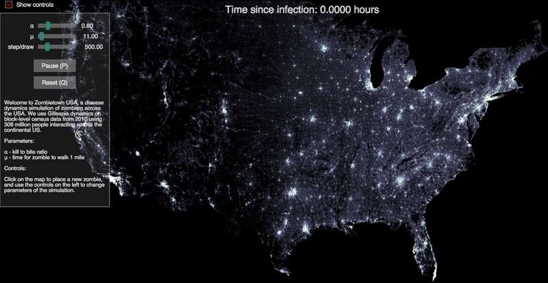 A map of the United States at night from above, showing the spread of a zombie virus.