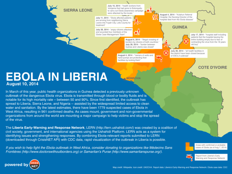 An example of the kinds of data produced by CrisisNET for users. In this case, a map of Liberia and surrounding nations with data about Ebola transmission and detection displayed geographically.