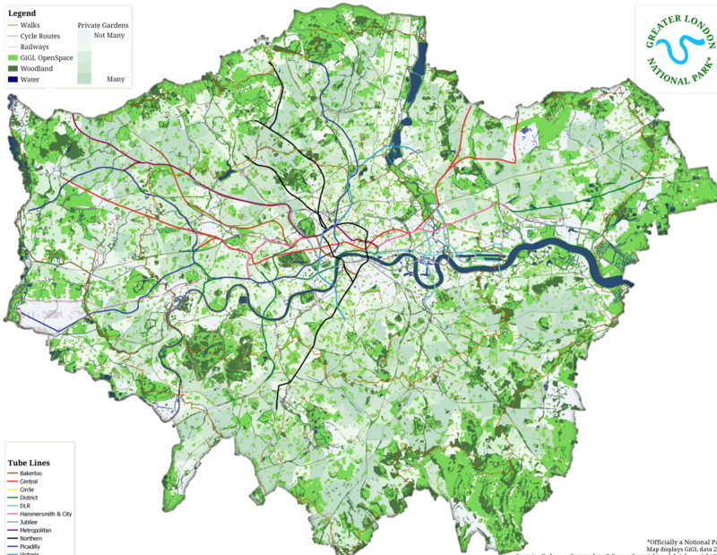 A map of Greater London indicating the density and locations of green spaces, water, and transport lines.