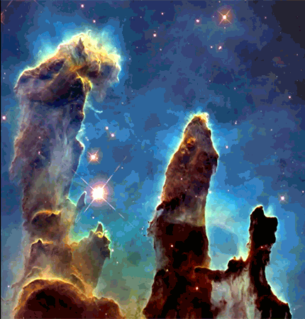 The arms of the Pillars of Creation photo are a dark brownish-red against a dark green background, with a bright purple stars scattered through and besides the arms. In the more recent picture, the dynamic range is improved–the stars are more in focus and defined, and the background is more of a blue-green.