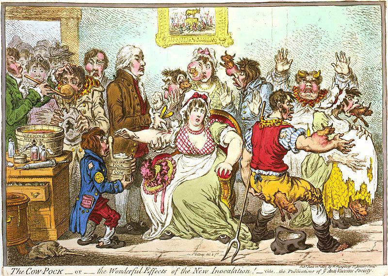 A large crowd of people with cows emerging from sores on their bodies in a room, while in the center a doctor administer the cowpox vaccine to a wary woman.