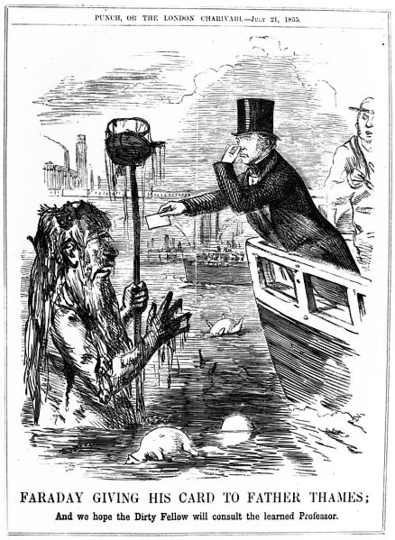 A man in a top hot in a boat gives a piece of paper to an old man in the river, covered in sewage. The man in the top hat holds his nose. The caption reads: "Faraday giving his card to Father Thames; and we hope the Dirty Fellow will consult the learned professor."