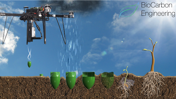 A render of a drone flying over the ground, firing green capsules into the soil.