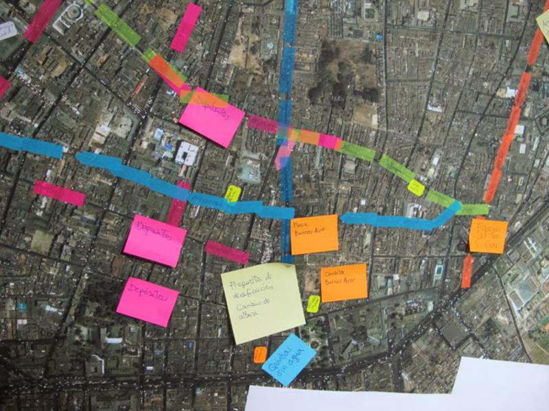 A map of Lima annotated with colored markers and post-it notes.