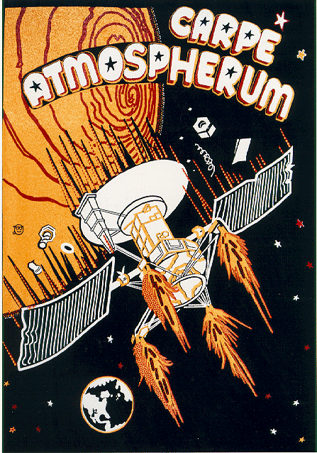 A poster with the tagline "Carpe Atmospherum" shows the Magellan satellite powering towards the surface of Venus.