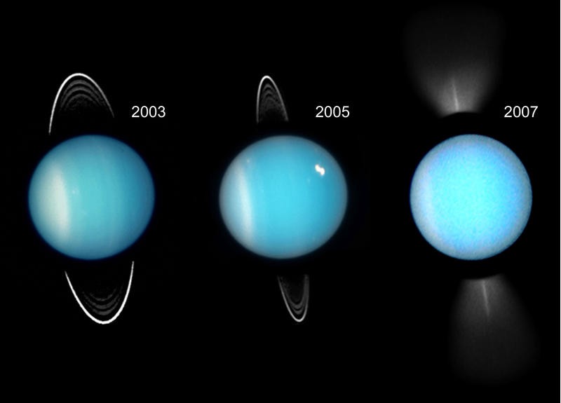 Three views of Neptune, showing its rings in different states of fullness.