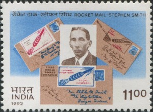Stephen Smith's picture is in the center of the stamp. Arranged around him are three letters, each addressed with their own stamps that indicate they were to be delivered via rocket.
