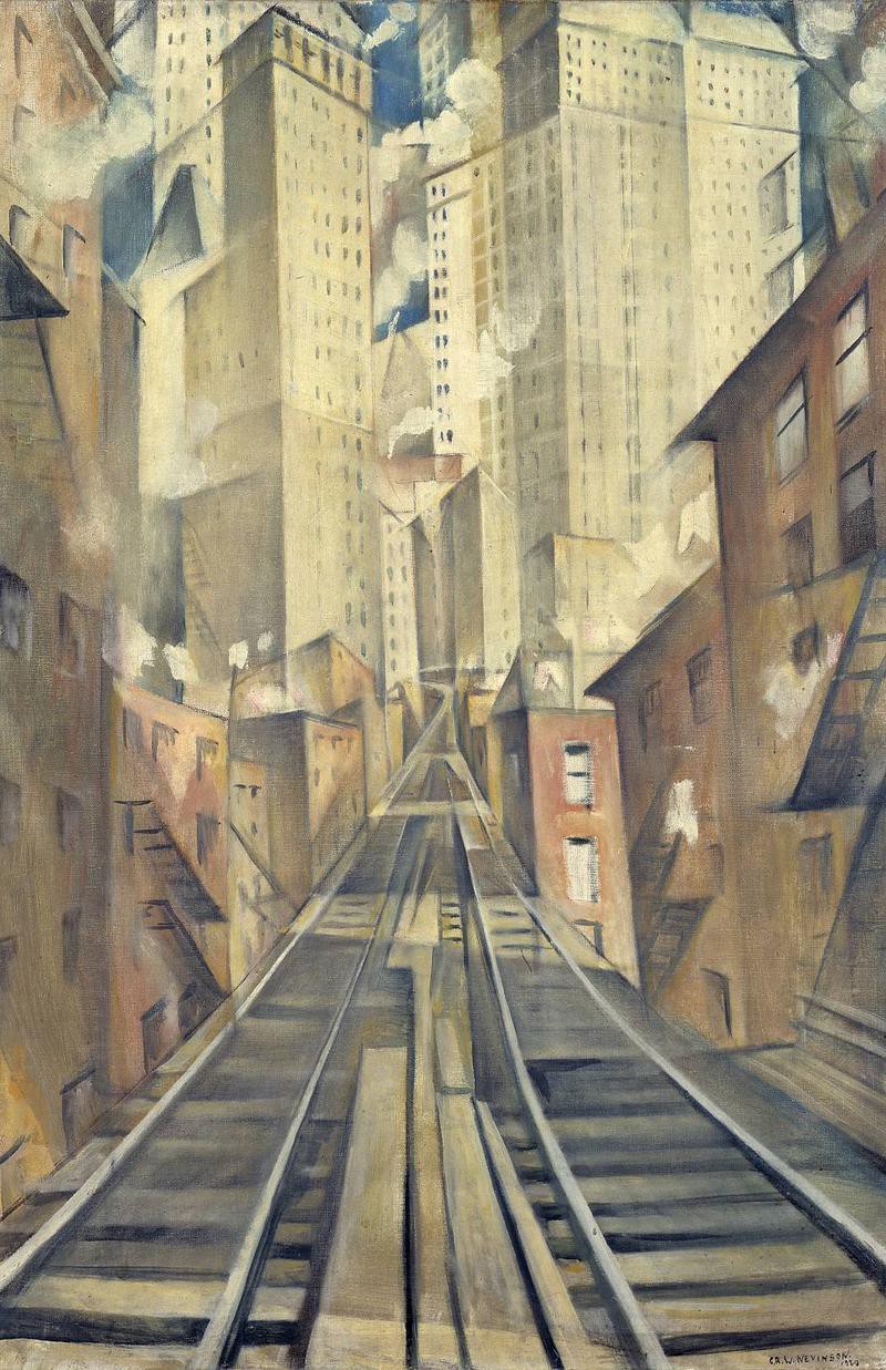 A painting of New York City, viewed along the level and line of an elevated train.
