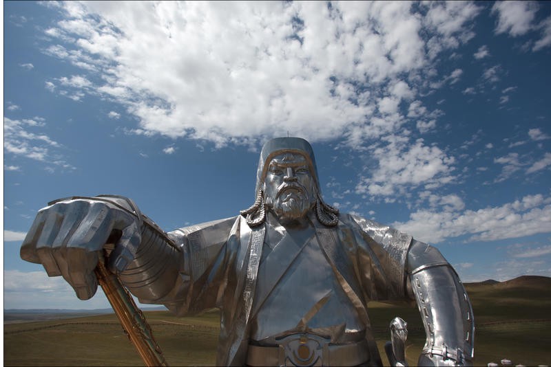 A metal statue of Genghis Khan.