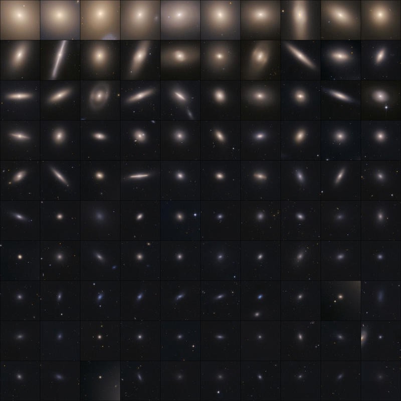 A grid of images of galaxies, showing different shapes and luminosities.