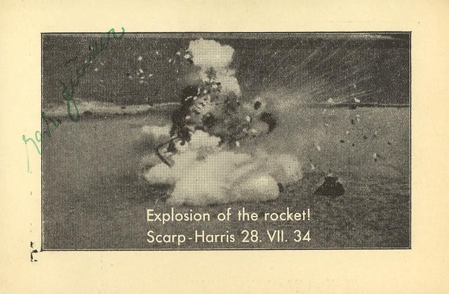 A black and white picture of an exploding rocket with the caption "Explosiong of the rocket! Scarp-Harris 28 VII 34"