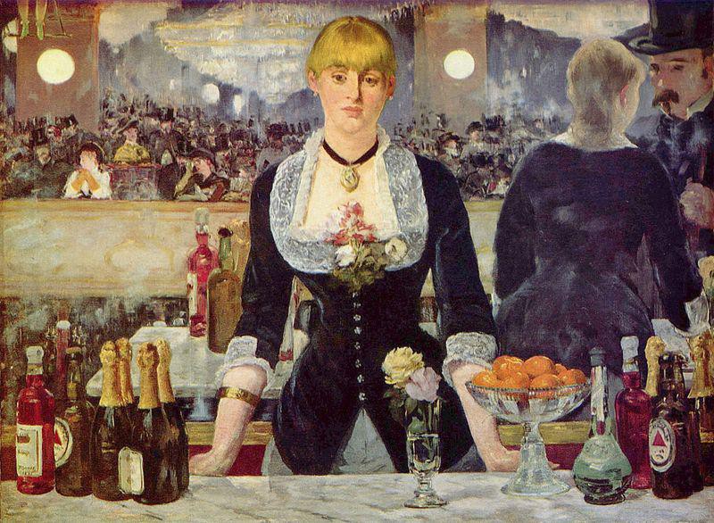 A woman stands at a bar, waiting to serve you.