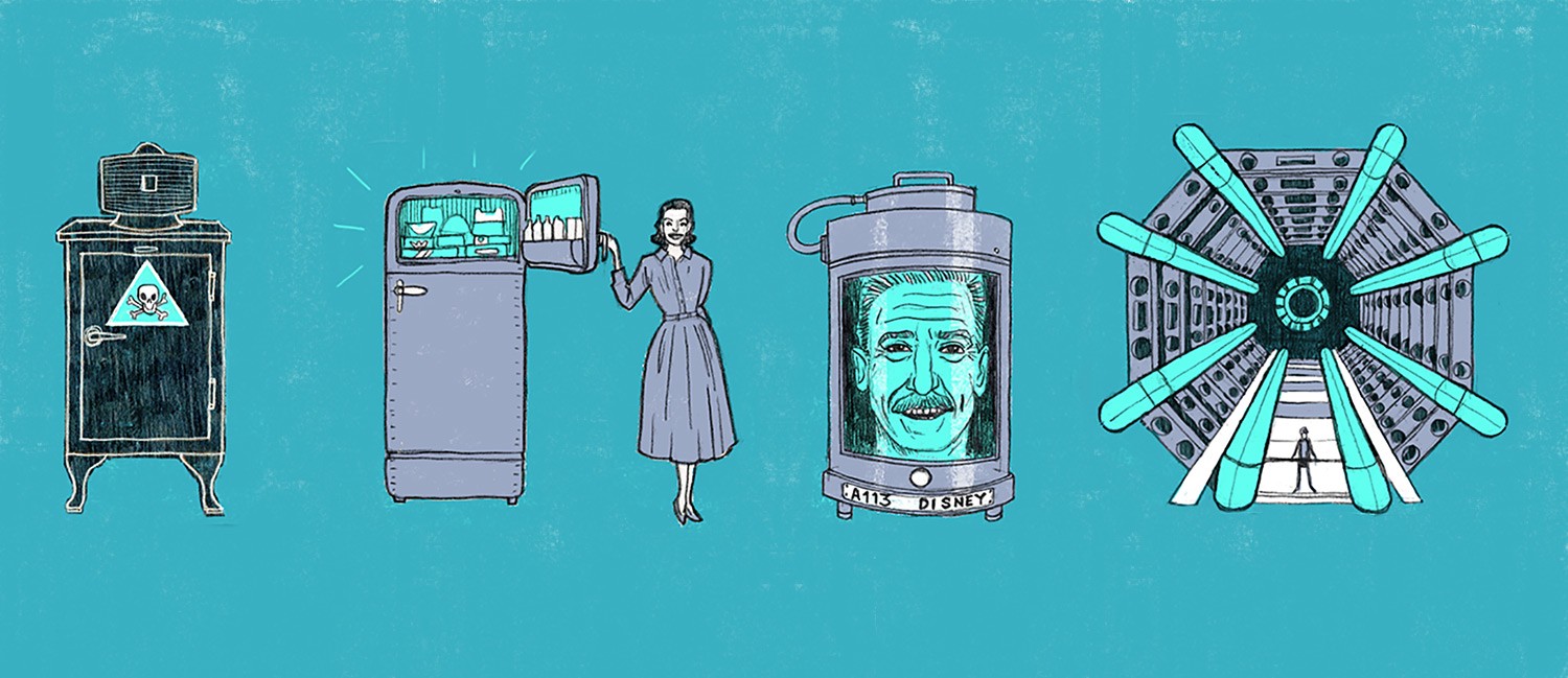 An illustration of refrigerators through the ages, from a basic ice box, to a 1950s chunky unit, to Walt Disney's head in a jar, through to the Large Hadron Collider.