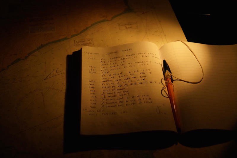 An open notebook containing navigational notes.