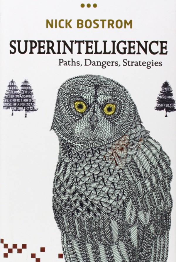 The front cover for Nick Bostrom's book "Superintelligence." It shows an owl, looking directly at the viewer.