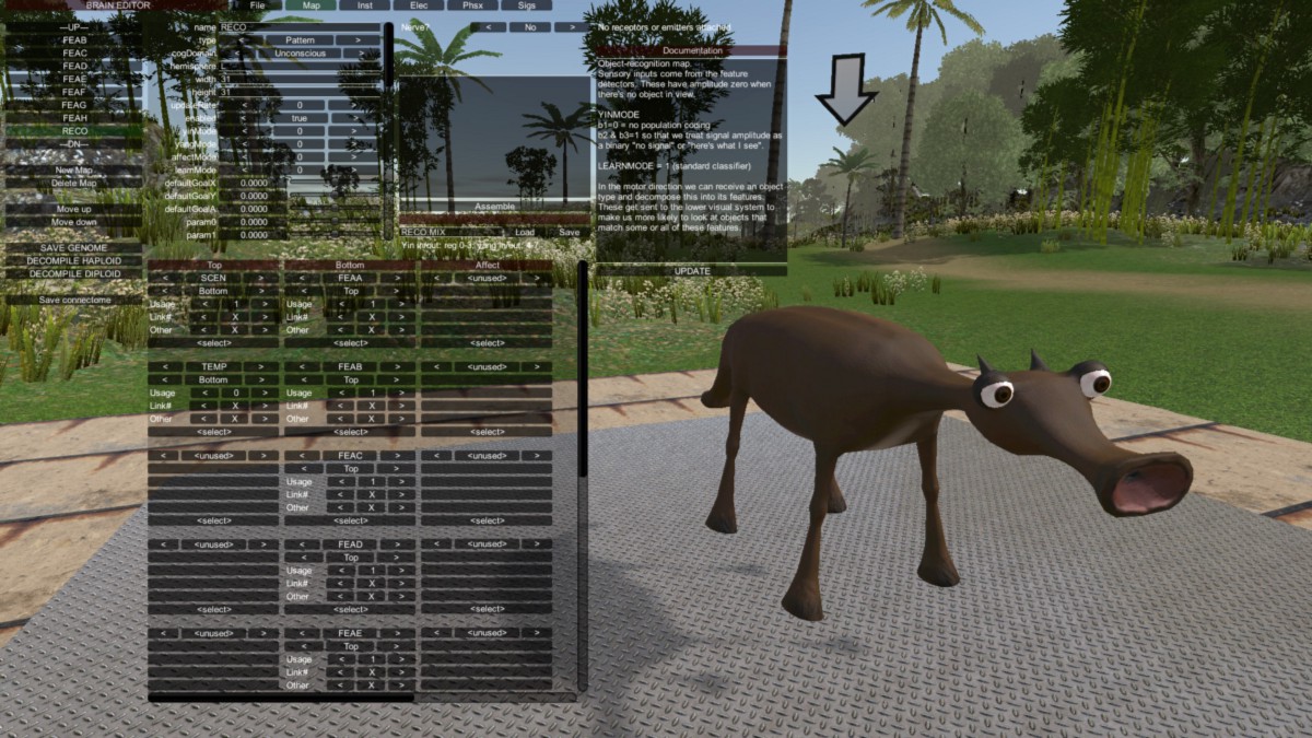 A strange four-legged animal with a trumpet-shaped mouth stands inside a game, with options and menus for customization of dizzying variety and quantity available to the left.
