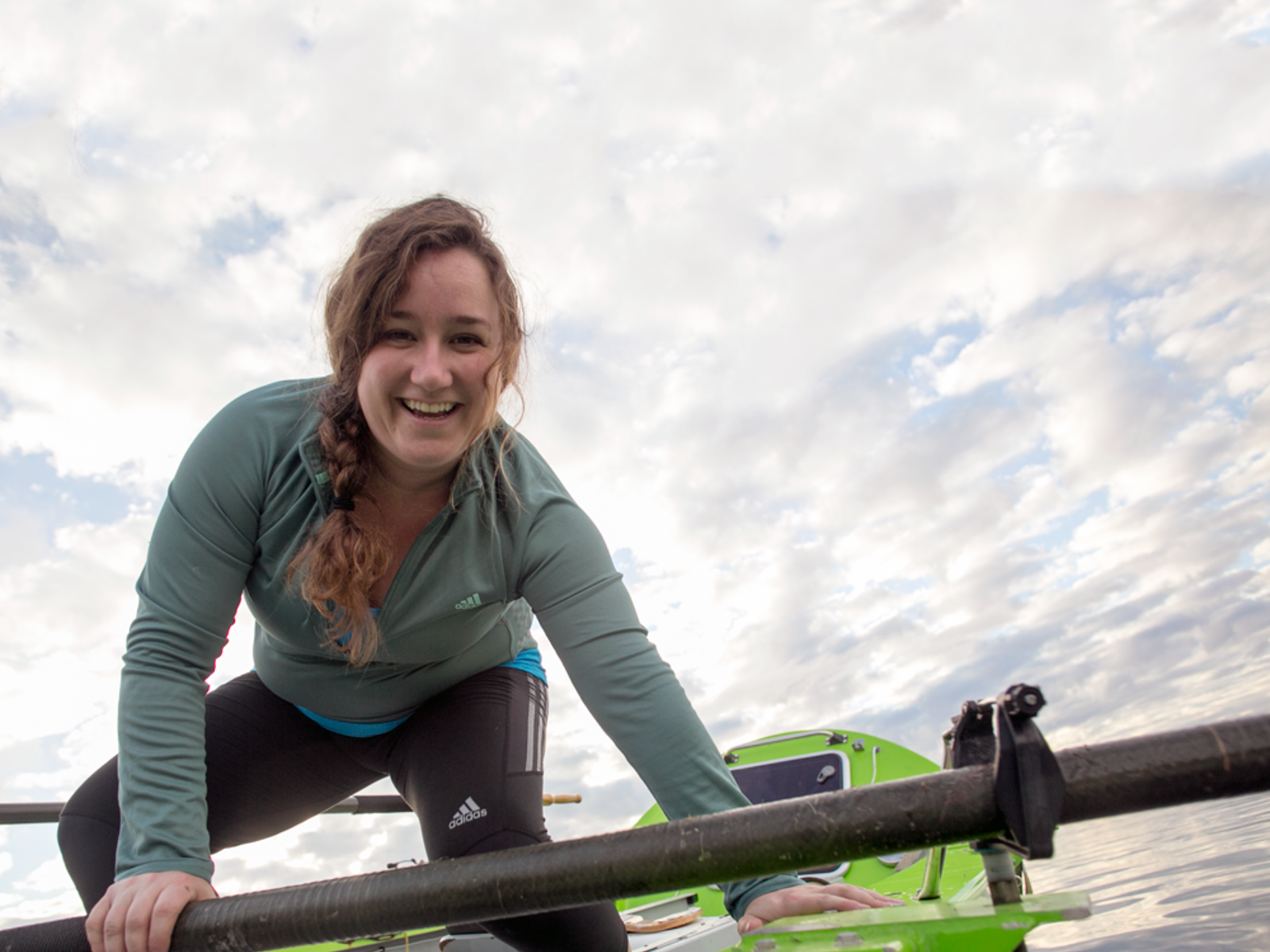 Sonya Baumstein takes a selfie on her rowboat.
