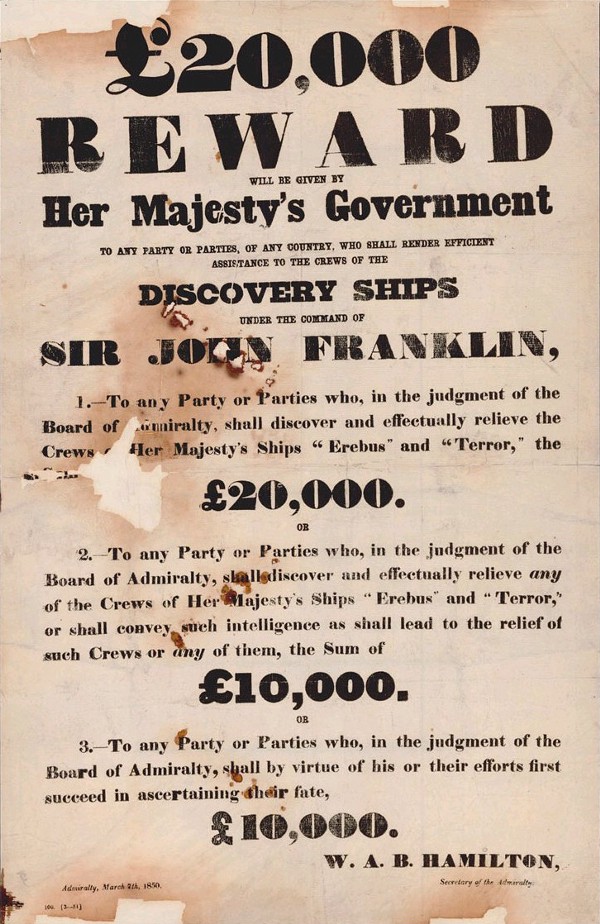 A reward post issued by the British government, offering £20,000 to anyone who could find and rescue the Franklin expedition's ships.