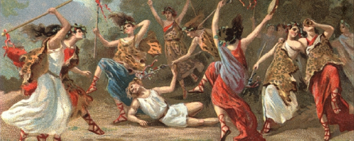 A group of Bacchae dance around a prone Orpheus, and they are stabbing at him with spears.