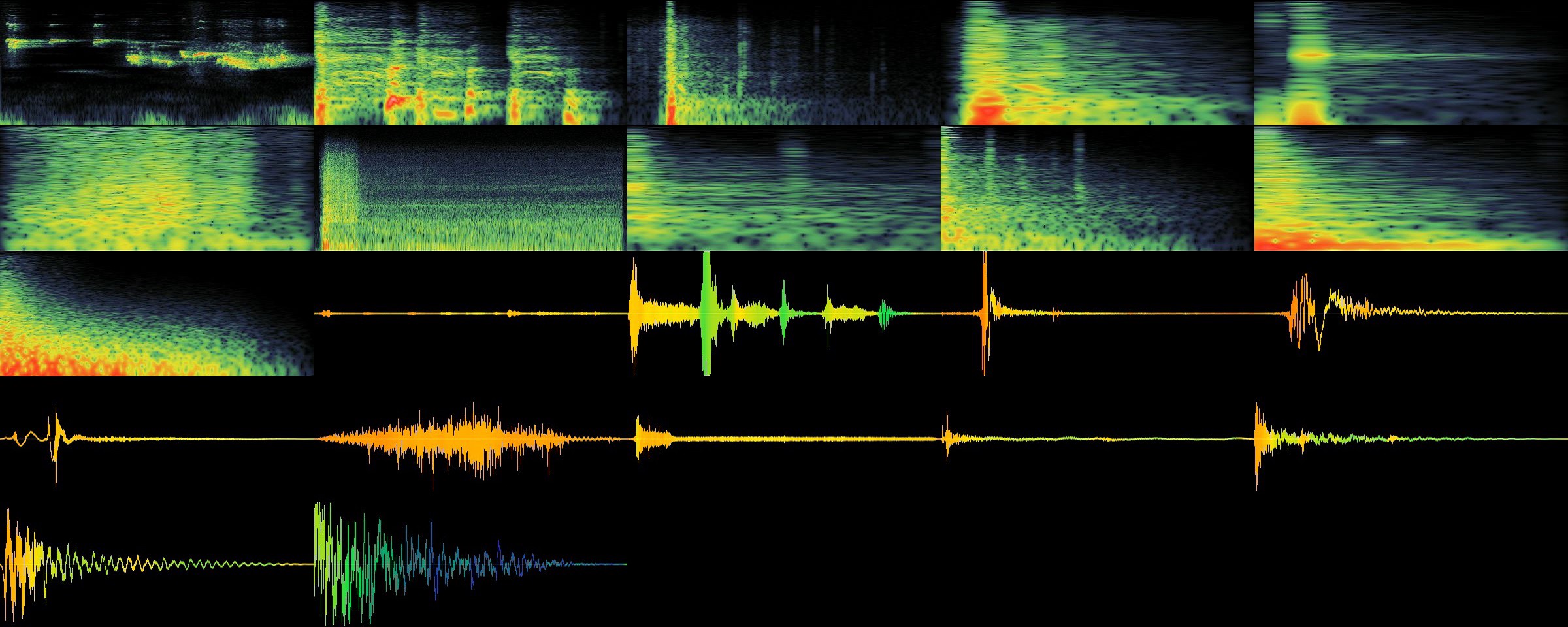 A grid of different audio waveforms in green on a black background.