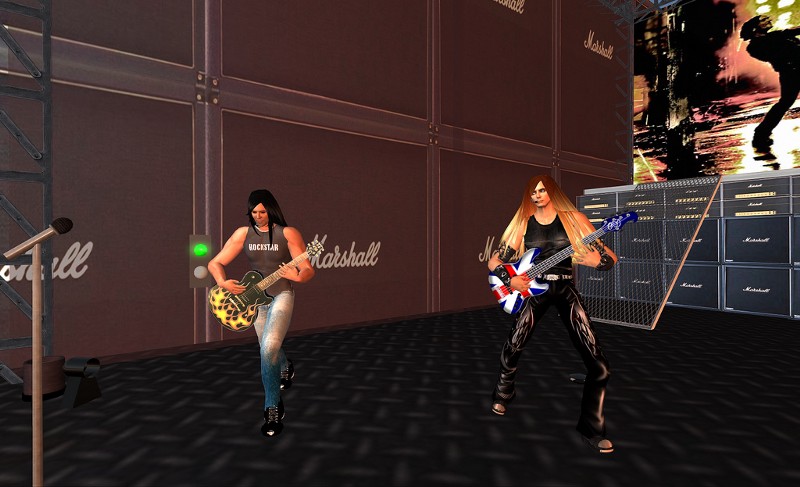 Virtual versions of the members of the band Def Leppard performing in the game Second Life.