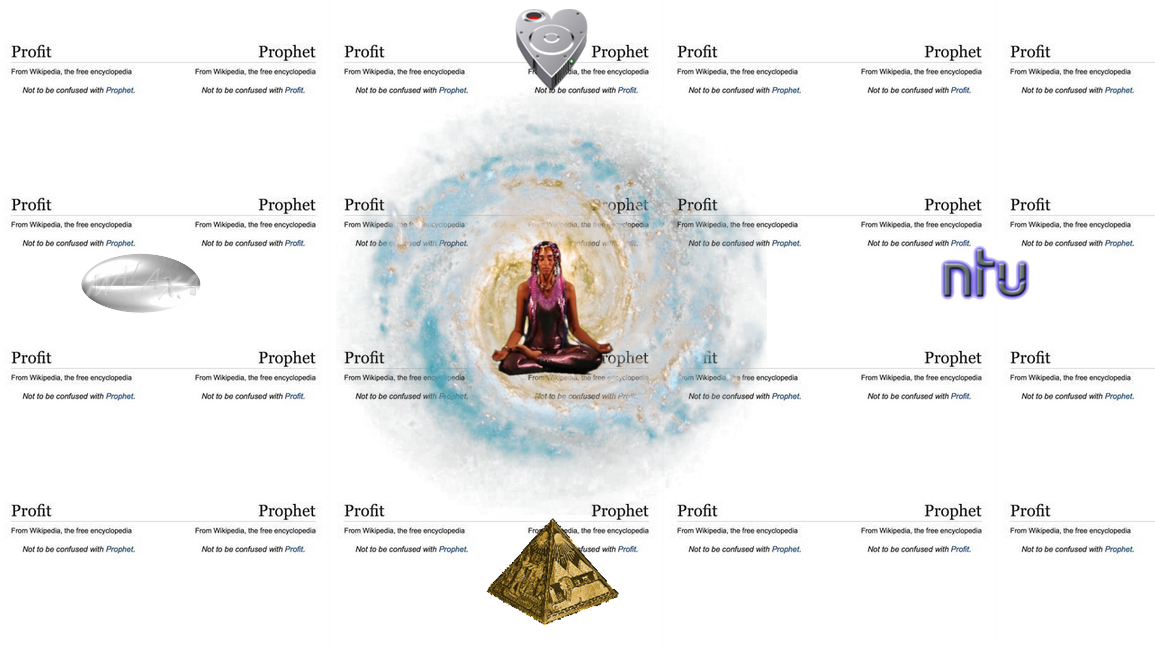 A computer illustration that features the words "profit" and "prophet" laid out over and over again, surrounding a figure meditating.