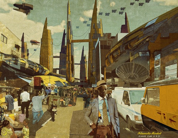 An illustration of a street scene, with markets and vehicles at street level juxtaposed with skyscrapers and jets in the background. The whole scene is very futuristic.