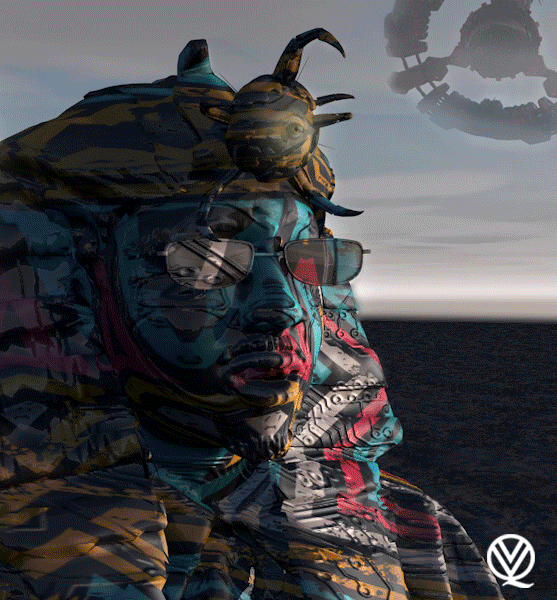 A pharoah-style figure in sunglasses, glitching in and out of existence.