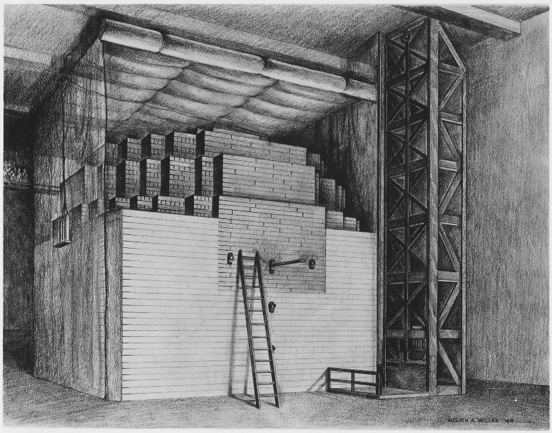 A large pile of bricks in a warehouse, with a wooden ladder leaning against it.