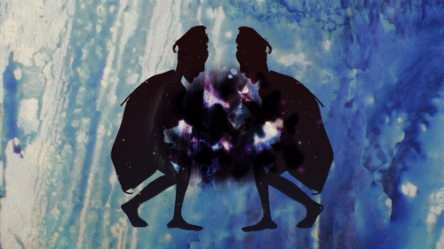 Two women in silhouette, dancing in front of a psychedelic blue background.