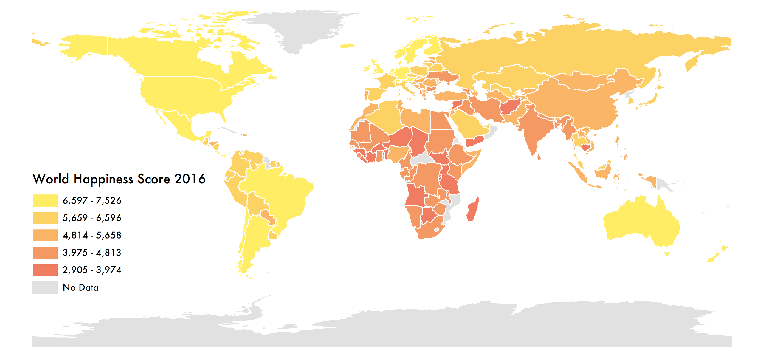 A world map color-coded for World Happiness Score 2016. The happiest nations are, shock, Western. (Or South American.)