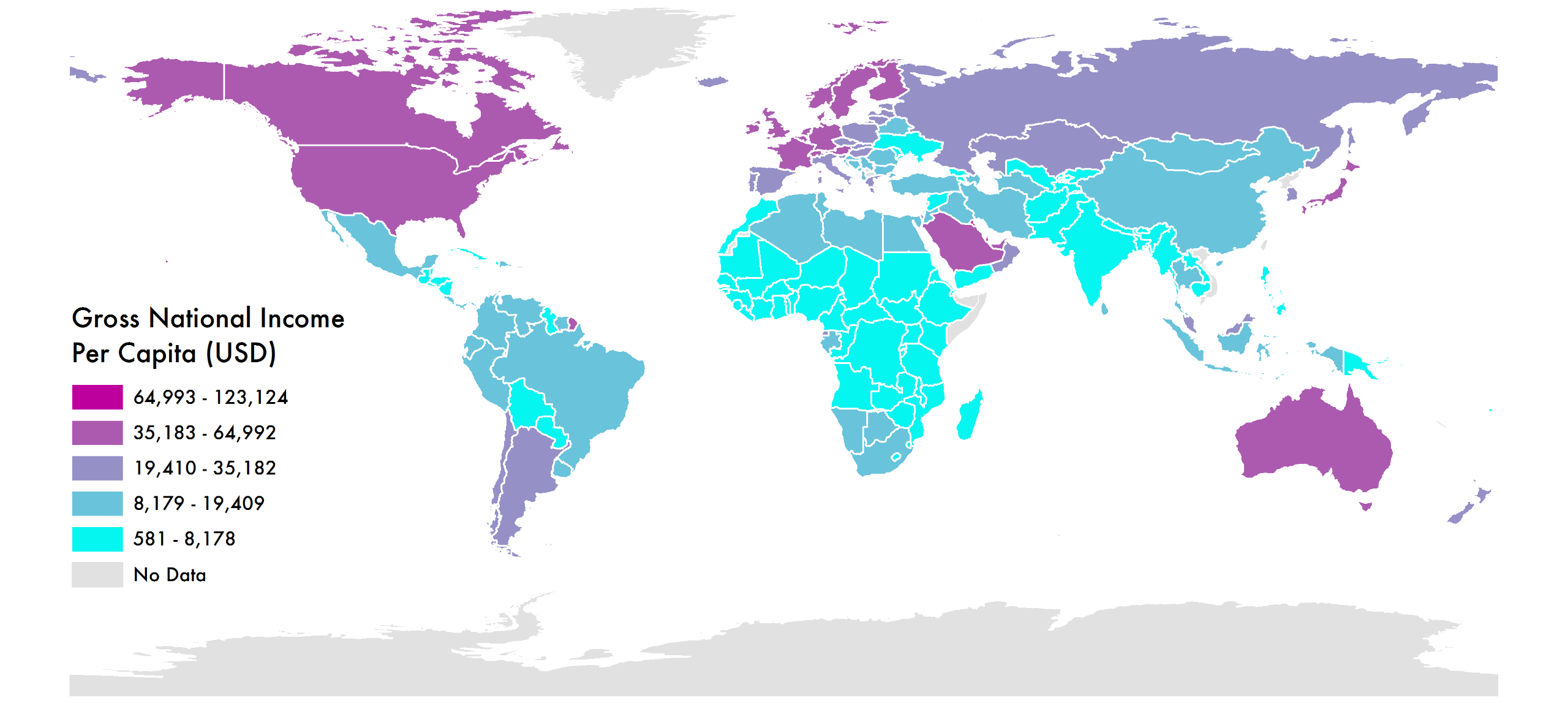 A world map color-coded for GNI per capita. The highest ratings are, unsurprisingly, North America, Europe, Japan, and Australia/NZ.