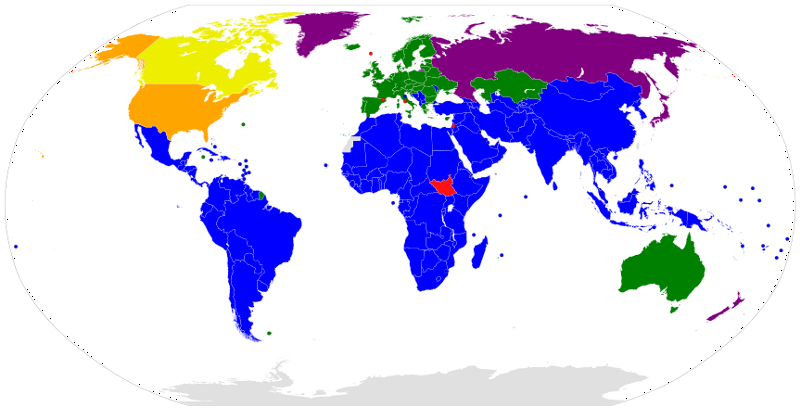 A map of the world, with nations color-coded by their Kyoto Protocal ratification status.