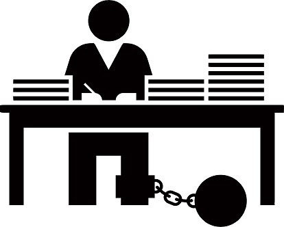 A drawing of someone working at a desk with a ball and chain attached to their leg.