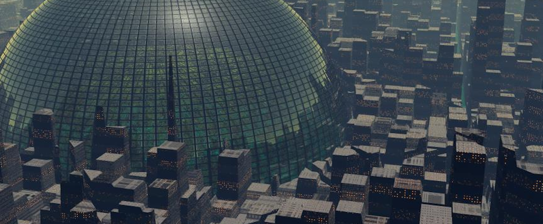 A large glass dome in a city.