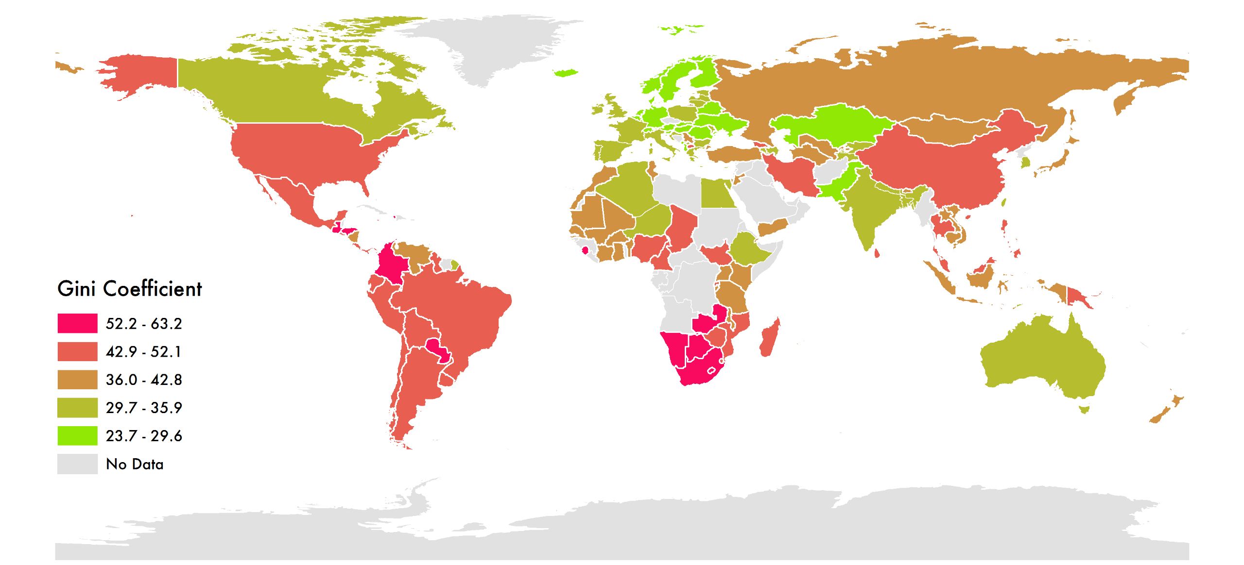 A map color-coded by Gini coefficient. The lowest values are in Northern/Eastern Europe and Central Asia.