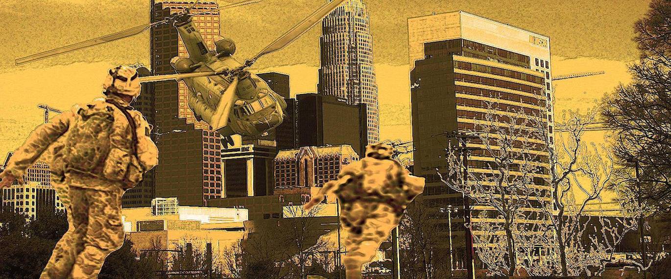 A collage of soldiers and a helicopter over a city skyline.