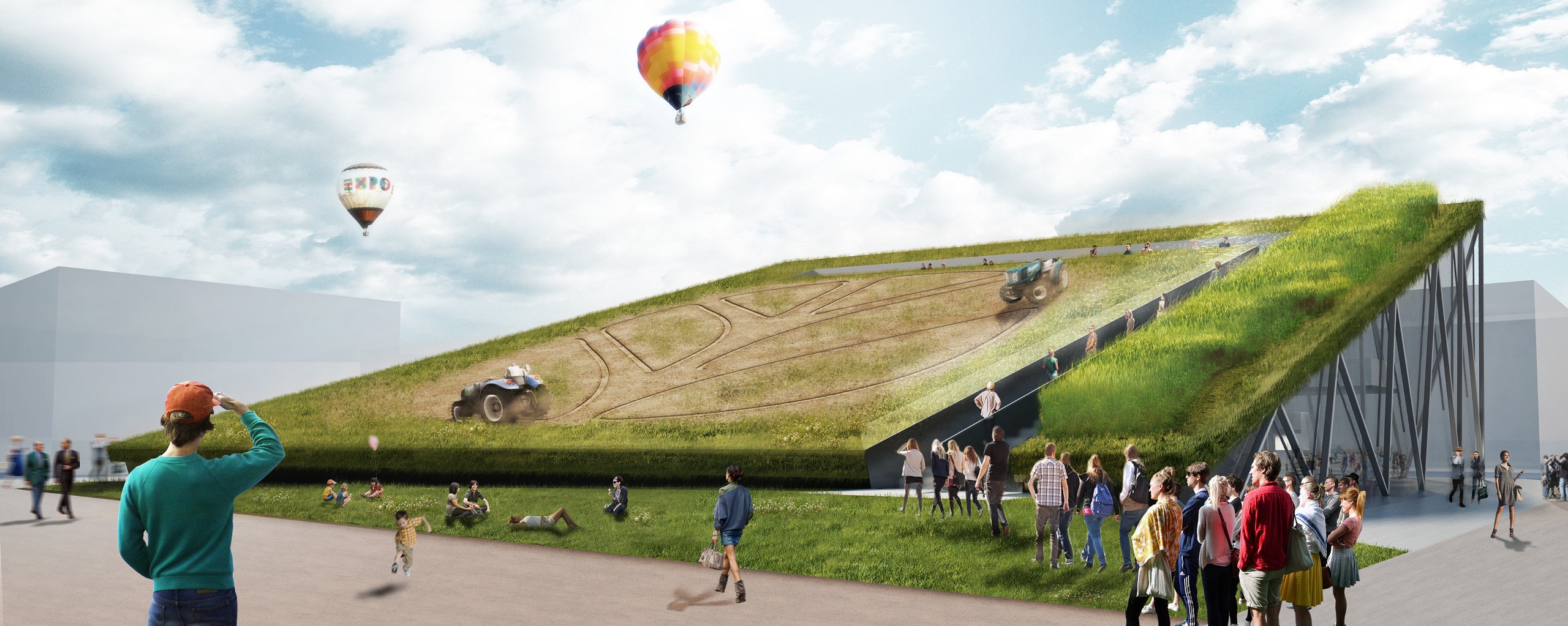 A CGI architectural rendering of a building with a sloped roof with a farm on it, being harvested by threshing machines.