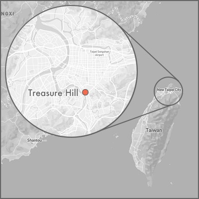 A map showing Treasure Hill's location at the northern tip of the island of Taiwan.
