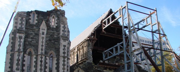 A cathedral tower, collapsed.