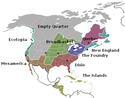 A map of North America subdivided into nine regions–Quebec, New England, The Foundry, Dixie, Breadbasket, Ecotopia, Empty Quarter, Mexamerica, and The Islands.
